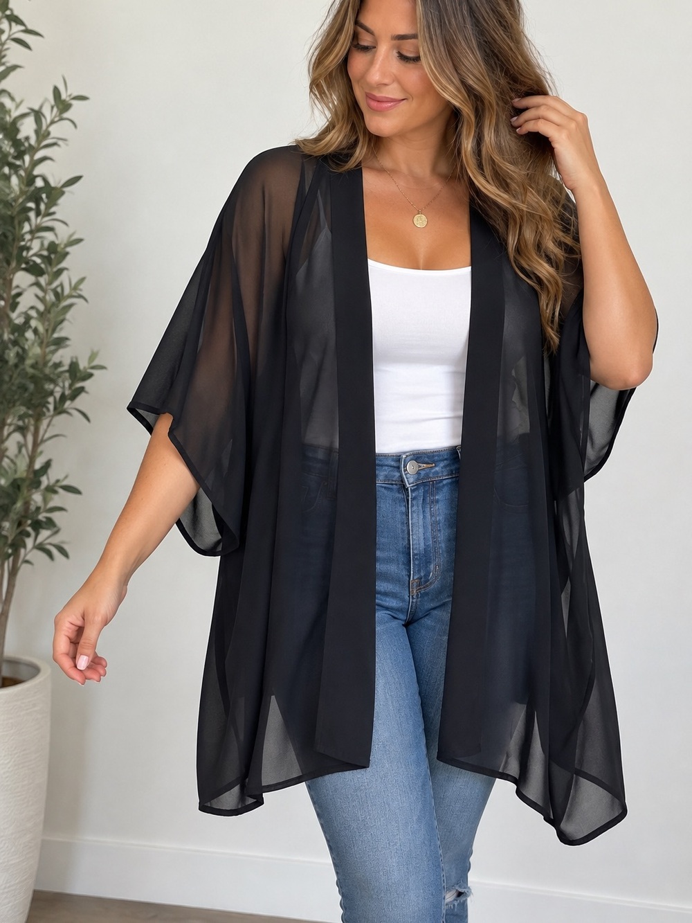 Nordstrom Black Sheer Kimono Cover Up One Size Open Front